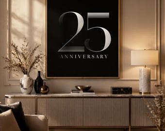 Regalo de 25º aniversario / Elegante lámina de aniversario para pared / Lámina con tipografía plateada / Decoración de aniversario de boda / Lámina de arte minimalista moderno