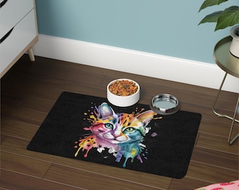 Colorful Watercolor Cat Pet Food Mat (12x18) | Non-Slip Placemat