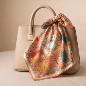 May include: A beige handbag with a top handle and a decorative silk scarf. The scarf is peach-colored with a design featuring the text "CUSTOM NAME PARIS" and illustrations of fashion items. The scarf is tied to the handbag.