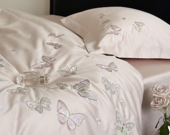 Juego de cama con bordado de mariposas rosas, 100 % algodón, funda nórdica para cama individual, matrimonial, queen y king, decoración rosa.