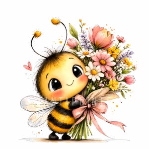 Peut inclure: Illustration à l'aquarelle d'une abeille de dessin animé tenant un bouquet de fleurs. L'abeille est jaune et noire, avec de grands yeux et un sourire. Le bouquet comprend des fleurs roses, blanches et jaunes, nouées avec un ruban rose.