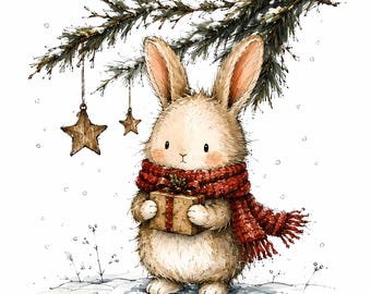 May include: A fluffy light brown rabbit standing in the snow, wearing a textured red scarf and holding a small brown gift box. Above the rabbit, a pine branch hangs with two wooden star ornaments. The scene includes falling snowflakes.