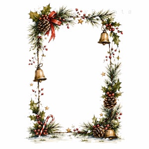 May include: A rectangular Christmas-themed border illustration featuring green pine branches, holly leaves, red berries, brown pinecones, gold bells, small gold stars, and a red ribbon bow. A red and white striped candy cane is at the bottom left.