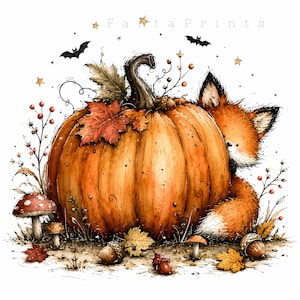 May include: A digital illustration featuring a large orange pumpkin, a small fox peeking from behind, autumn leaves, mushrooms, acorns, and bats. The text FantaPrints appears at the top. The design includes stars and berries on a white background.
