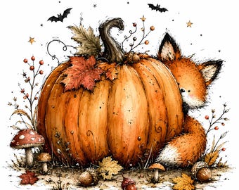 May include: A digital illustration featuring a large orange pumpkin, a small fox peeking from behind, autumn leaves, mushrooms, acorns, and bats. The text FantaPrints appears at the top. The design includes stars and berries on a white background.