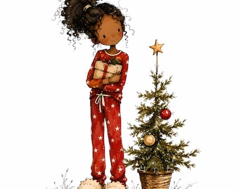May include: A digital illustration of a person with dark curly hair in a high ponytail, wearing red pajamas with white stars and fuzzy slippers, holding a gift box next to a small potted Christmas tree topped with a gold star and ornaments.