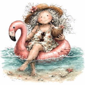 Op de afbeelding: Waterverfillustratie van een persoon die ontspant op een roze flamingo zwemband in de oceaan. De persoon draagt een bloemenjurk, zonnebril en een strohoed. Ze houden een kokosdrankje vast. Schelpen en een zeester liggen op het zandstrand.