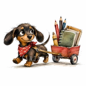Könnte beinhalten: Ein schwarz-brauner Dackelwelpe mit einem roten, gepunkteten Halstuch zieht einen kleinen roten Holzwagen, der mit Buntstiften und Spiralblöcken beladen ist. Die Illustration zeigt einen skizzenhaften Stil mit sichtbaren Tintenlinien.