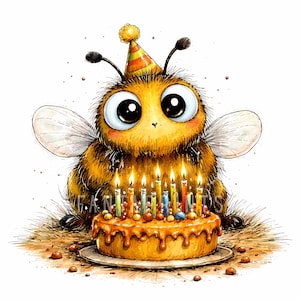 Könnte beinhalten: Eine Illustration einer Cartoon-Biene mit Partyhut vor einem Geburtstagskuchen mit brennenden Kerzen. Die Biene hat große Augen und Flügel, mit einem flauschigen, gelb-braunen Körper. Der Kuchen ist mit bunten Süßigkeiten verziert.