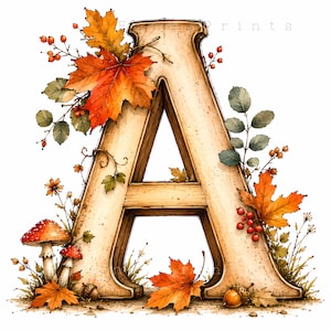 Op de afbeelding: Een grote, beige letter A in serif-stijl, versierd met herfstelementen zoals feloranje en rode esdoornbladeren, kleine rode bessen, twee paddenstoelen met een rode hoed en bruine eikels, gerangschikt rondom de basis en zijkanten van de letter.
