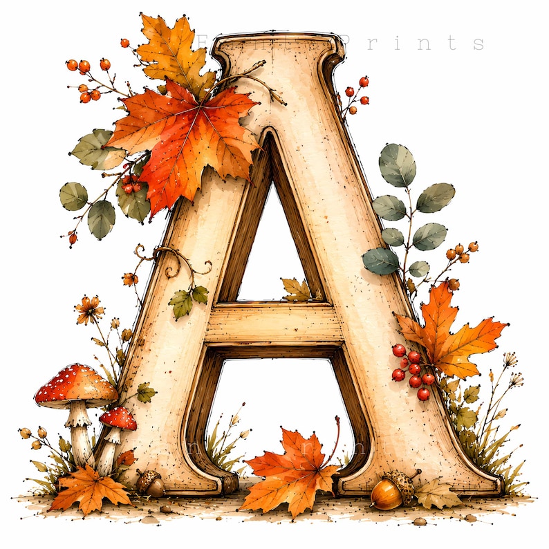 26 JPG Autumn Alphabet Clipart | Cute Whimsical Watercolor ABC Letters ...