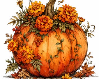 May include: A large orange pumpkin decorated with vibrant orange marigold flowers, green leaves, and small red berries. The illustration features scattered autumn leaves at the base and the text Fanta Prints visible in the upper and lower areas.