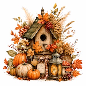 May include: A wooden birdhouse surrounded by orange pumpkins, autumn leaves, wheat stalks, and red berries. A metal lantern with a glowing light sits beside a wooden barrel. A small tag hanging from a checkered ribbon displays the text Hello Autumn.