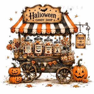 May include: A vintage-style Halloween candy shop cart with orange, black, and white striped awning. It features glass jars labelled Ghost Treats, Spooky Sweets, Pumpkin Pops, and Witches Mix, a hanging Trick or Treat sign, and carved jack-o'-lanterns.