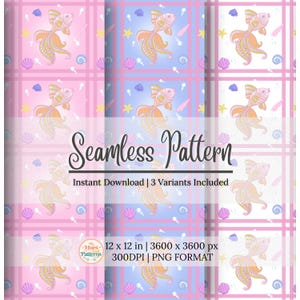 May include: A digital seamless pattern featuring a repeating goldfish motif with seashells and starfish on pink, blue, and white plaid backgrounds. The text reads Seamless Pattern, Instant Download, 3 Variants Included, 12 x 12 in, 3600 x 3600 px, 300DPI, PNG FORMAT.