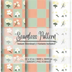 May include: A digital seamless pattern set featuring three variants: a peach and sage green checkered grid with white floral illustrations, a solid peach and sage green grid, and a white background with scattered yellow and green floral motifs.