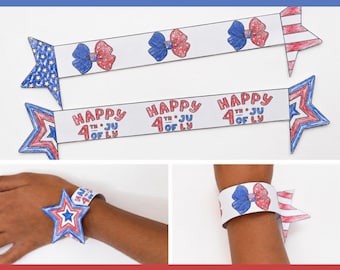 4 juli handgemaakte armband afdrukbaar voor kinderen, Independence Day kleuren papieren armbanden, Fourth of July, patriottische DIY Craft, vlag van de VS