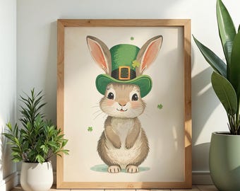 St. Patrick's Day Bunny-kunstprint, rustiek Cottagecore-konijndecor (digitale download)