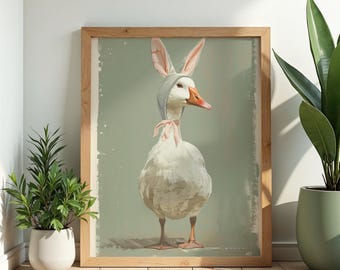 Paaseendje met konijnenoren print, boho kinderkamer kunst aan de muur, minimalistische lente dierenposter, gedempte tinten decor kinderkamer, digitale download