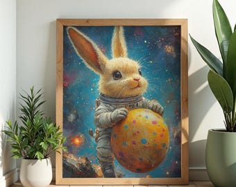 Astronaut konijn ruimtekunstprint | Grillig olieverfschilderij met paaskonijn (digitale download)