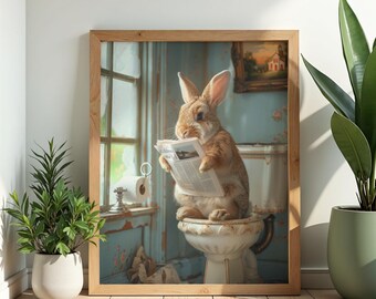 Grappig konijn op toilet krant lezen van kunst aan de muur, schattig konijntje badkamer decor, vintage stijl dierenprint, grillige Cottagecore wasruimte kunst