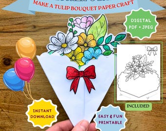 DIY papieren bloemboeket knutselen voor kinderen, afdrukbaar Moederdagcadeau, lentekleuractiviteit, papieren bloemist fantasiespel