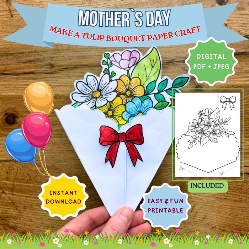 DIY Paper Flower Bouquet Craft for Kids, Printable Mother’s Day Gift ...