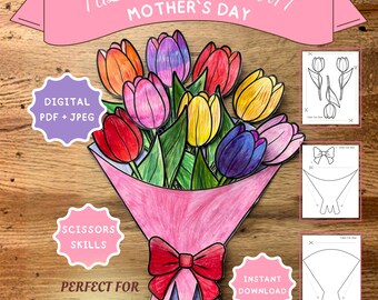 Moederdagcadeau voor kinderen, eenvoudige voorschoolse activiteit, afdrukbare kleuterkunst, pdf knippen en bouwen, papieren bloemboeket DIY