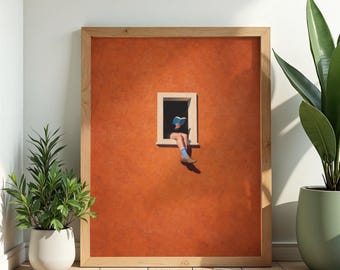 Surrealistische leesprint, minimalistische oranje raamillustratie (digitale download)