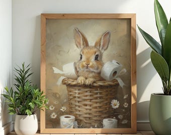 Grappige paashaas badkamerkunst, vintage toiletpapierprint konijn, grillig boerderijdecor, trendy lente Cottagecore, digitale download