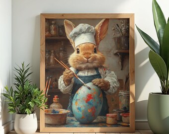 Paashaas schilderij ei Art Print, grillige konijn olieverfschilderij poster (digitale download)