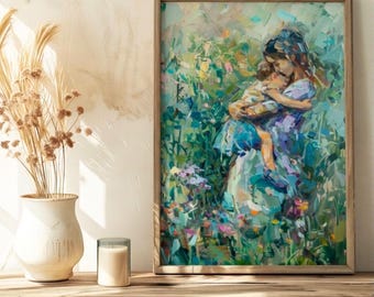 Moederdagcadeau print, Cottagecore Motherhood wasdag waslijn illustratie, vintage kinderkamer kunst aan de muur, digitale download