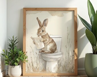 Grappige paashaas toilet kunst afdrukbare, vintage aquarel konijn lezen krant poster, boerderij badkamer decor kunst aan de muur digitaal
