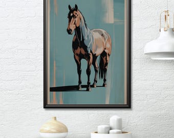 Moderne paardenprint, kleurrijke paardenillustratie, retro boerderijmuurkunst (digitale download)