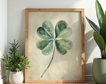 Vintage botanische print klavertje vier, antieke kunst aan de muur klaver (digitale download)