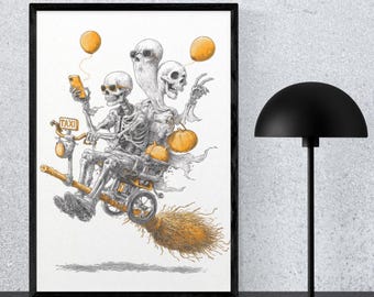 Skeletrijder op crossmotor met geesten | Halloween-muurkunst | Directe digitale download