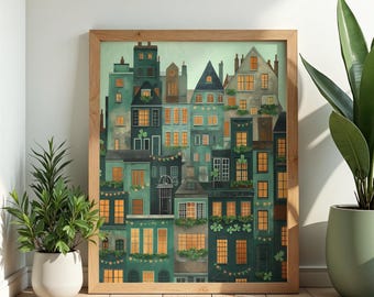 Ierse volkskunst dorp print, grillige Cottagecore Town poster (digitale download)