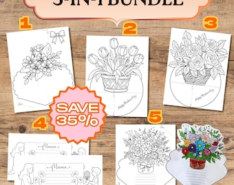 Pacchetto di biglietti da colorare per la Festa della Mamma, set di 5 biglietti stampabili con bouquet di fiori 3D per bambini, download digitale.