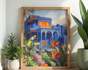 Blauwe villakunst Marrakech, poster Majorelletuin, botanische wanddecoratie (digitale download)