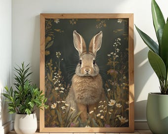 Humeurig portret paashaas, donkere Cottagecore konijn muurkunst, vintage lentebloemen bloemen poster, Dark Academia paasdecor, digitaal