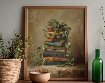 Vintage boeken met klimopolieverfschilderij, decor Dark Academia, stillevenprint (digitale download)