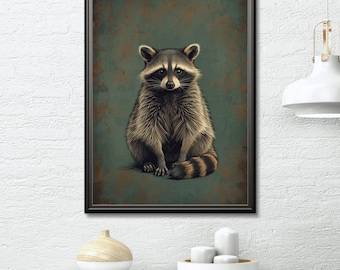 Moderne kunst aan de muur wasbeer, bosrijke dierenprint, getextureerde illustratie (digitale download)