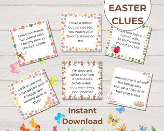 Aanwijzingen voor paasspeurtocht voor kinderen, 42 afdrukbare puzzels voor paasspeurtochten, paasspelletjes voor binnen en buiten, bewerkbare canva-sjabloon pdf