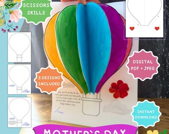 Moederdag 3D-heteluchtballonkaart ambacht, 3 ontwerpopties, gepersonaliseerd cadeau voor moeder, kinderen schoolactiviteit, pdf-sjabloon direct downloaden
