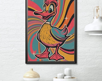 Retro eendpop-artprint, psychedelisch modern decor uit het midden van de eeuw (digitale download)