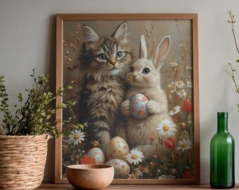 Pasen kat en konijn kunst aan de muur, pluizig kitten konijn schilderij, lente kinderkamer decor, digitale download, grillige Pasen poster kunstafdruk