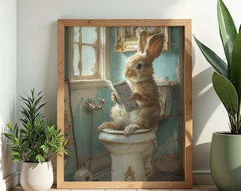 Schattige paashaas badkamerkunst, grappig konijn toilet print, boerderij dieren wanddecoratie, kinderkamer humor poster, instant download