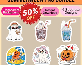 Summerween PNG-bundel, griezelige zomerclipart, schattige strandspook SVG, retro Halloween-shirtontwerp voor de zomer, pompoen-strandwacht PNG