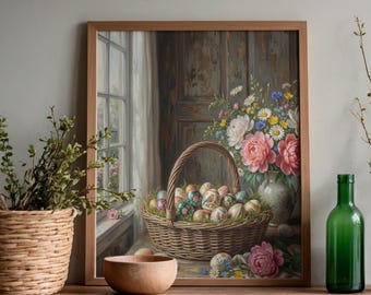 Vintage Easter Egg Basket Print, Shabby Chic Floral Wall Art, Botanische Lenteposter, Boerderij Paasdecor, Rustieke Bloem Digitaal