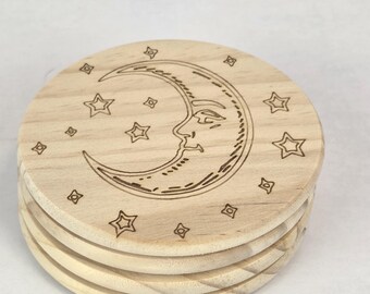 Four Laser Engraved Coasters - Wood Coaster Set - Moon and Stars
